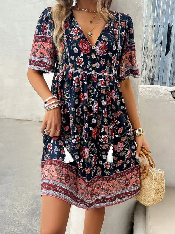 Bohemian Floral Print Dress with V-Neck and Tassel Details