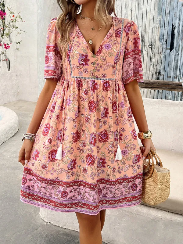 Bohemian Floral Print Dress with V-Neck and Tassel Details