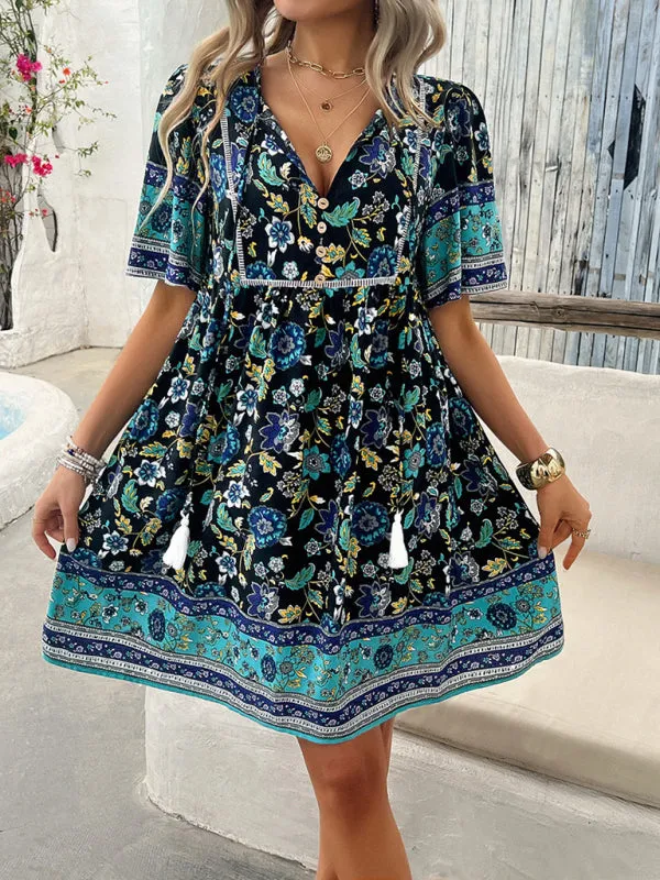 Bohemian Floral Print Dress with V-Neck and Tassel Details