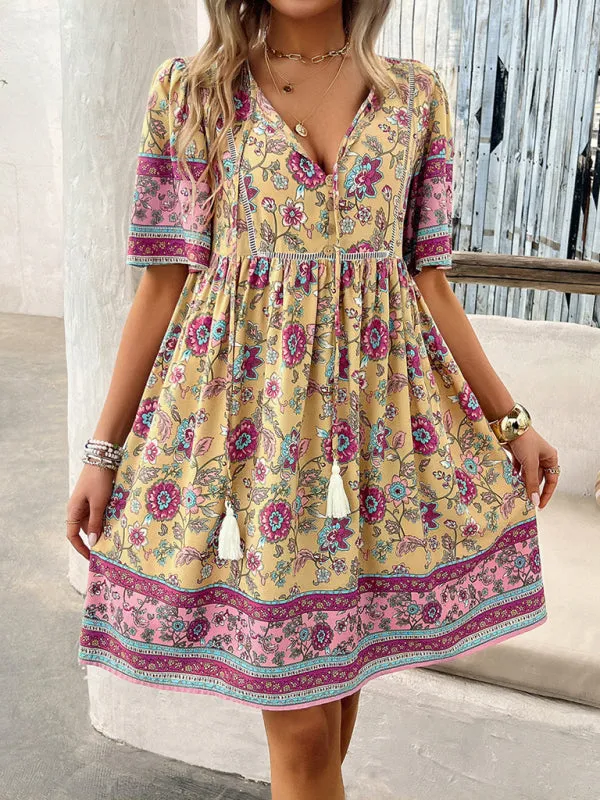 Bohemian Floral Print Dress with V-Neck and Tassel Details