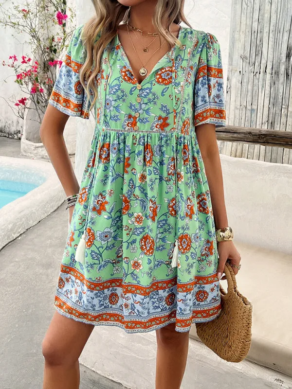 Bohemian Floral Print Dress with V-Neck and Tassel Details
