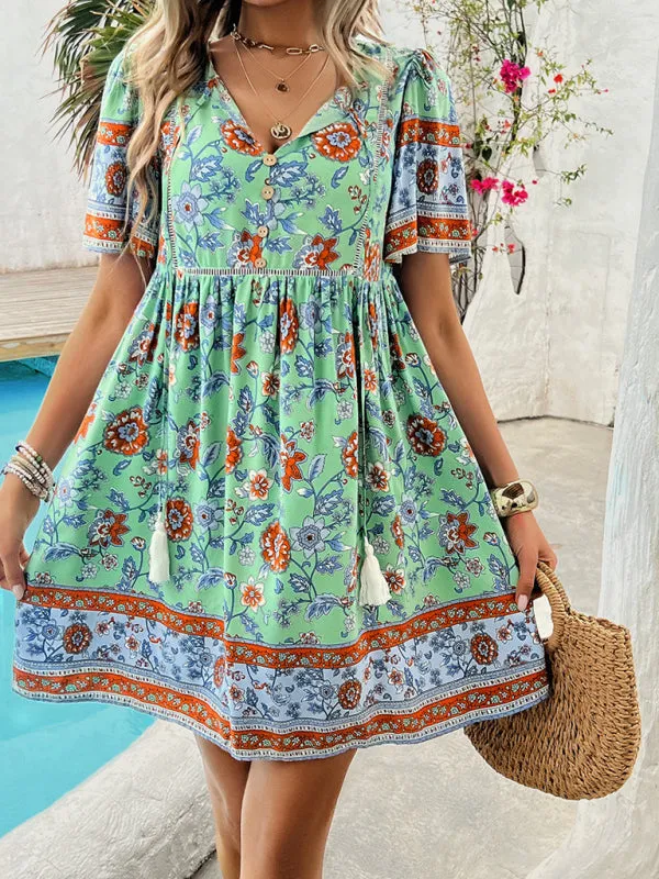 Bohemian Floral Print Dress with V-Neck and Tassel Details
