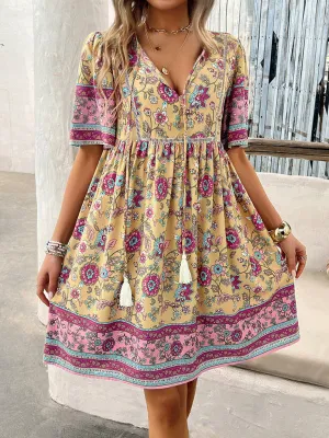 Bohemian Floral Print Dress with V-Neck and Tassel Details