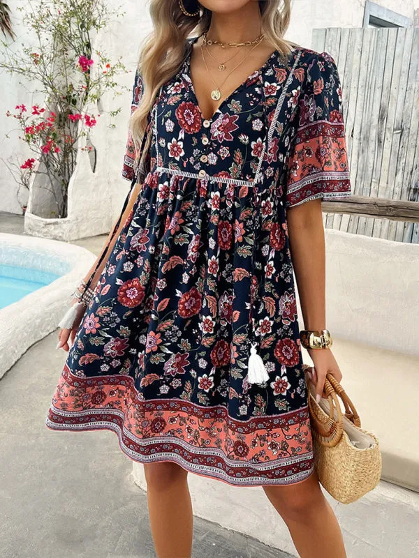 Bohemian Floral Print Dress with V-Neck and Tassel Details