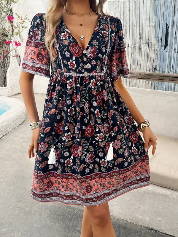 Bohemian Floral Print Dress with V-Neck and Tassel Details