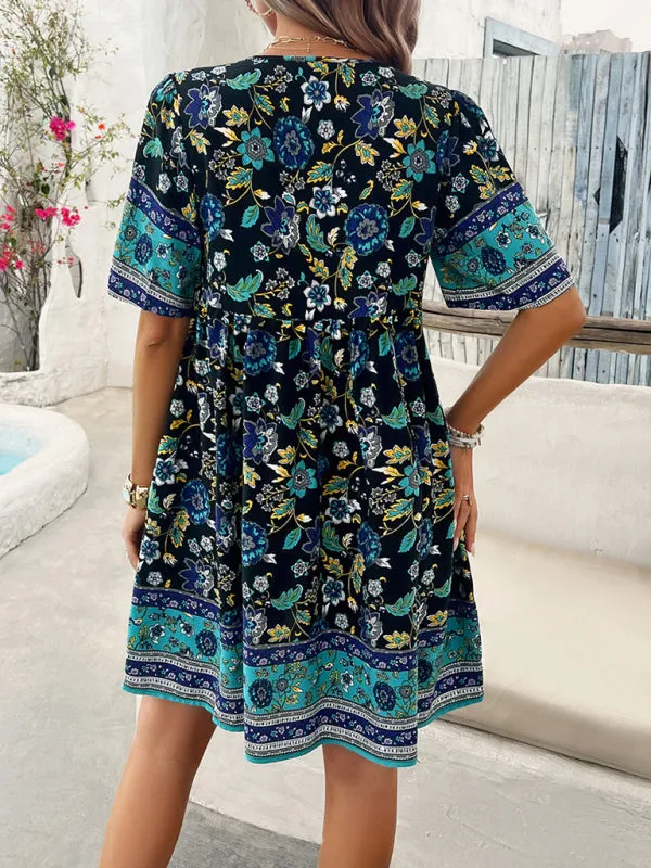 Bohemian Floral Print Dress with V-Neck and Tassel Details
