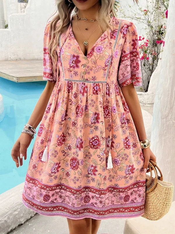 Bohemian Floral Print Dress with V-Neck and Tassel Details
