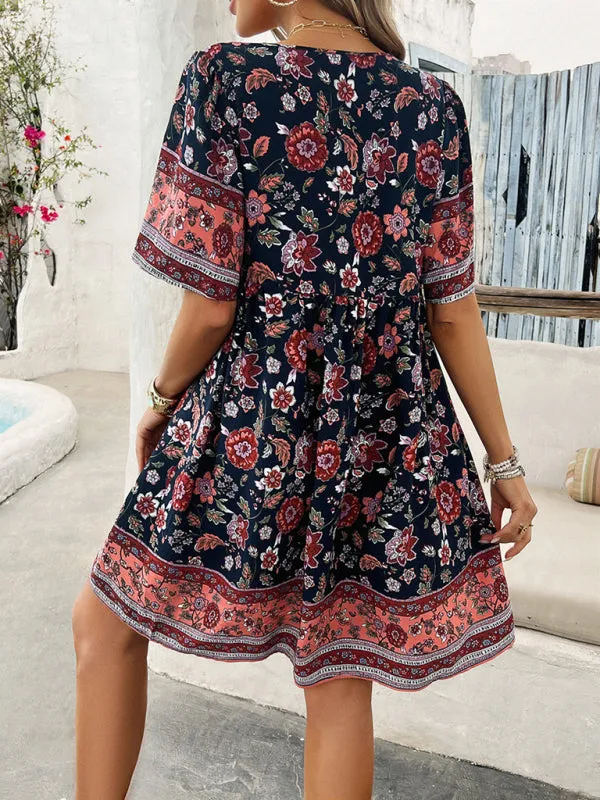 Bohemian Floral Print Dress with V-Neck and Tassel Details