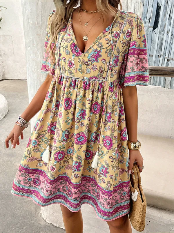 Bohemian Floral Print Dress with V-Neck and Tassel Details