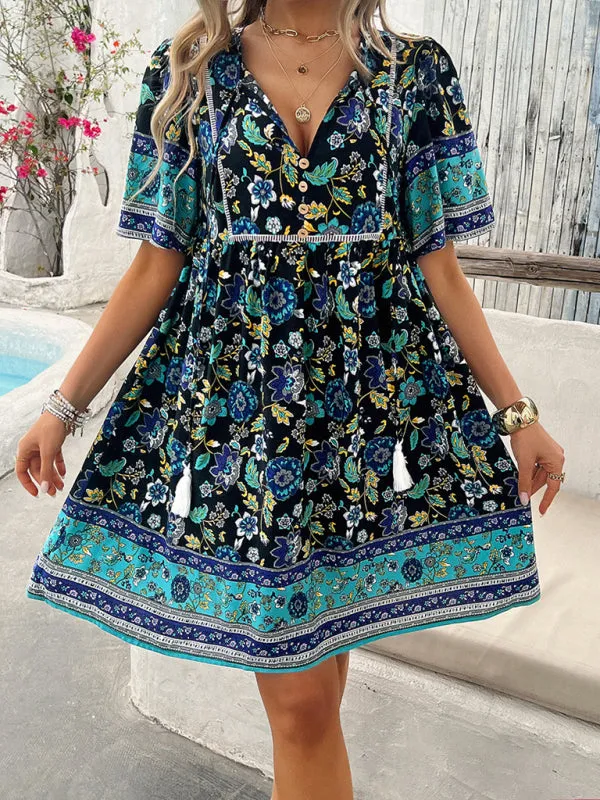 Bohemian Floral Print Dress with V-Neck and Tassel Details