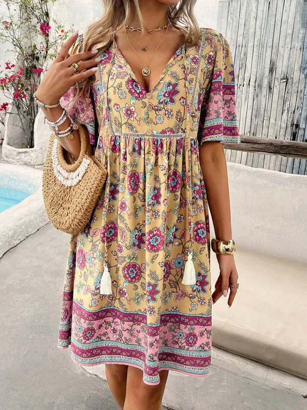 Bohemian Floral Print Dress with V-Neck and Tassel Details