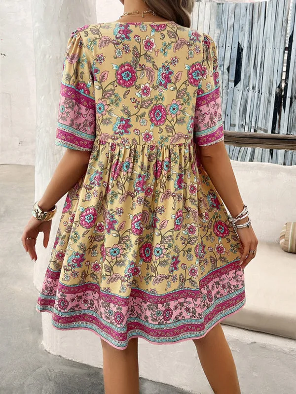Bohemian Floral Print Dress with V-Neck and Tassel Details