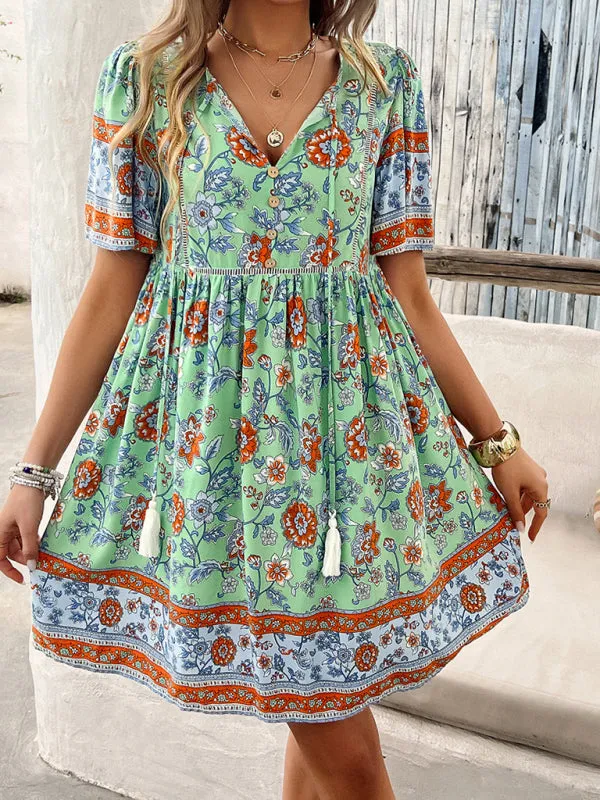 Bohemian Floral Print Dress with V-Neck and Tassel Details