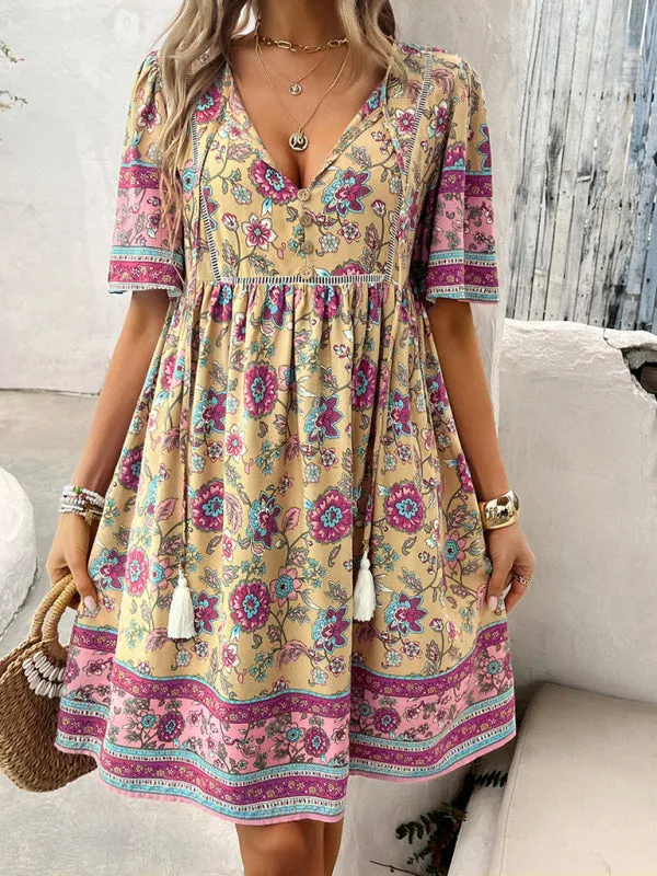 Bohemian Floral Print Dress with V-Neck and Tassel Details