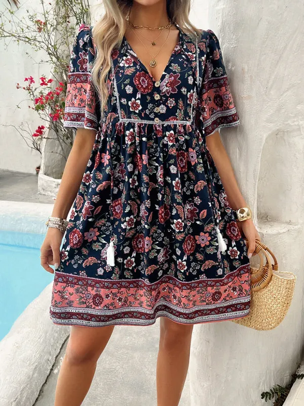 Bohemian Floral Print Dress with V-Neck and Tassel Details