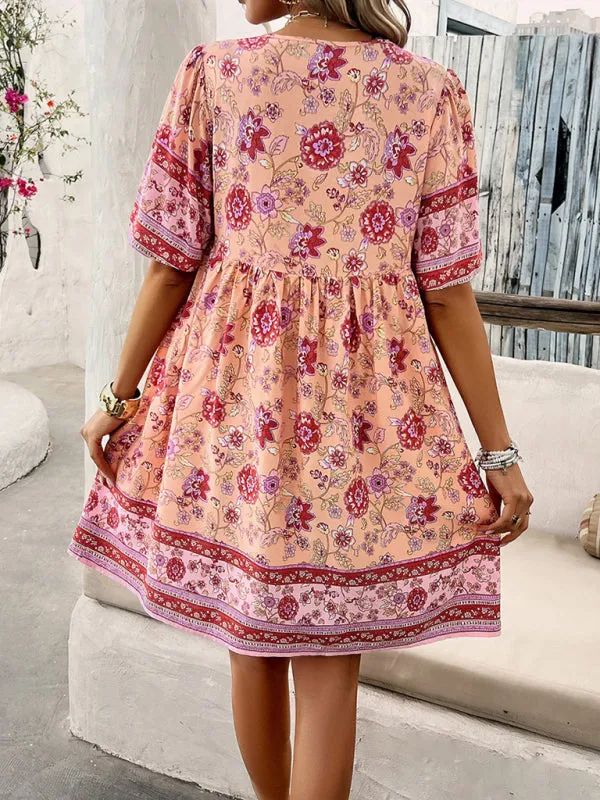 Bohemian Floral Print Dress with V-Neck and Tassel Details