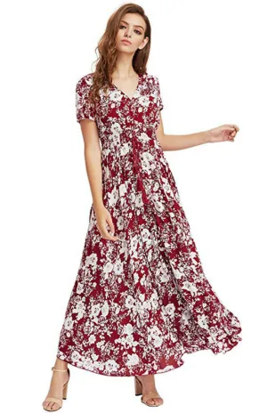 Bohemian Floral Print Maxi Dress with V-Neck and Button-Down Front