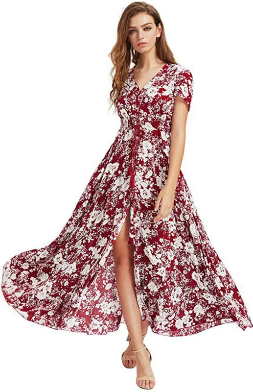 Bohemian Floral Print Maxi Dress with V-Neck and Button-Down Front