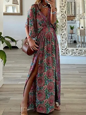 Bohemian Floral Print Maxi Dress with V-Neck and High Slit