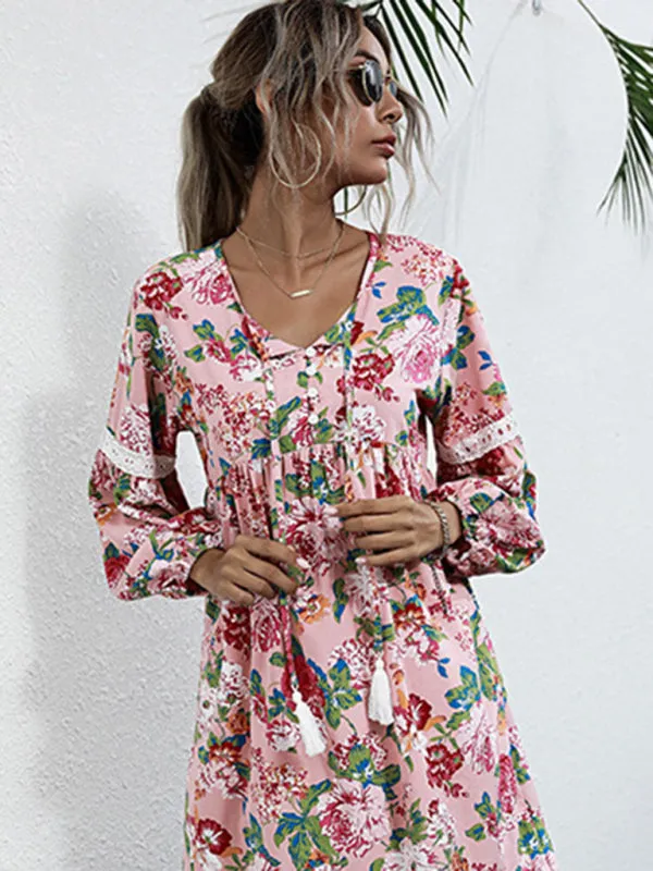 Bohemian Floral Print Mini Dress with Tassel Details