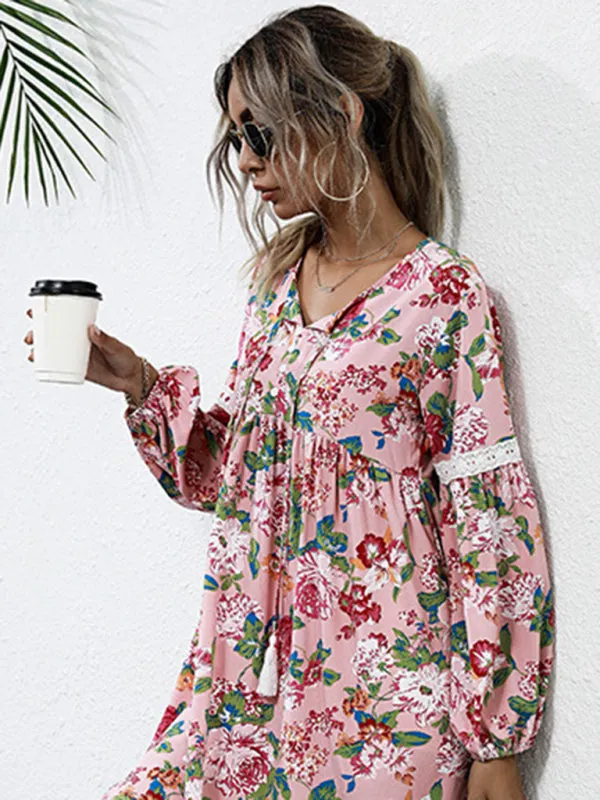 Bohemian Floral Print Mini Dress with Tassel Details