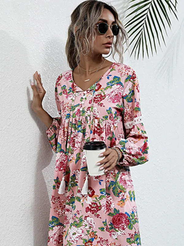 Bohemian Floral Print Mini Dress with Tassel Details