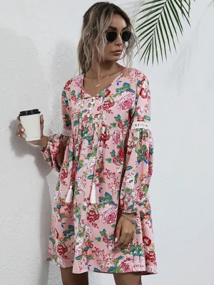 Bohemian Floral Print Mini Dress with Tassel Details