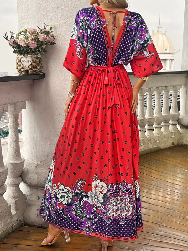 Bohemian Maxi Dress with Floral Paisley Print and V-Neck