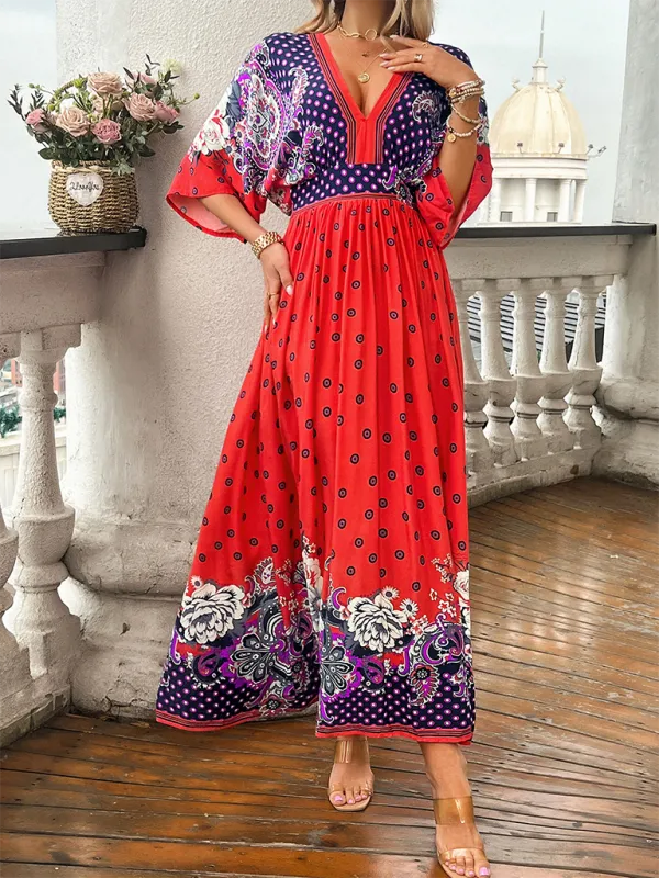 Bohemian Maxi Dress with Floral Paisley Print and V-Neck