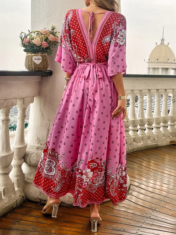 Bohemian Maxi Dress with Floral Paisley Print and V-Neck