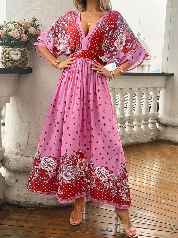 Bohemian Maxi Dress with Floral Paisley Print and V-Neck