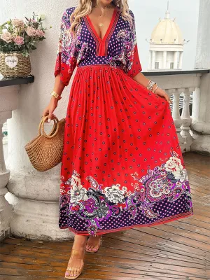 Bohemian Maxi Dress with Floral Paisley Print and V-Neck