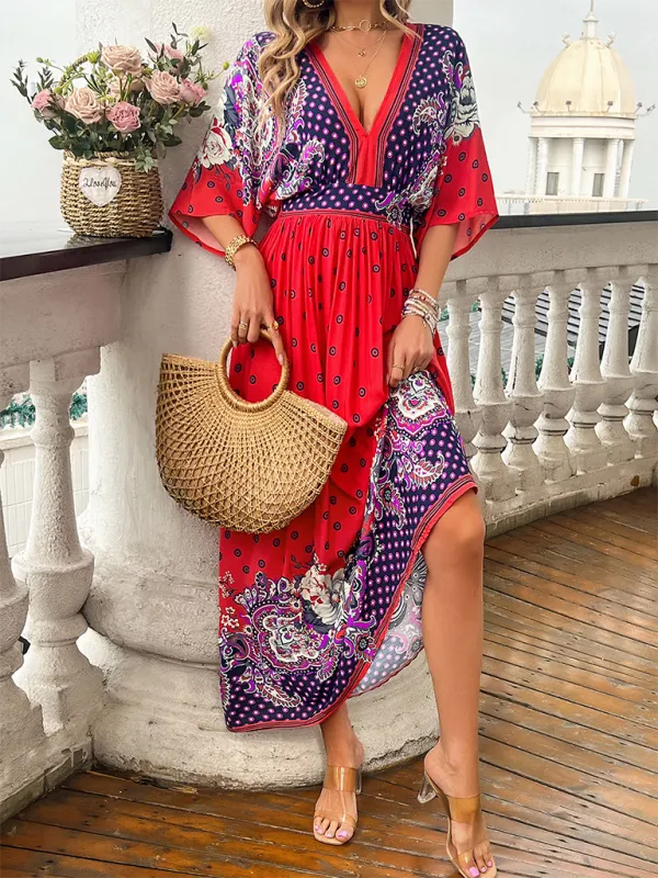 Bohemian Maxi Dress with Floral Paisley Print and V-Neck