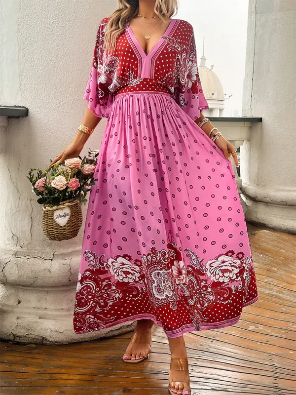 Bohemian Maxi Dress with Floral Paisley Print and V-Neck