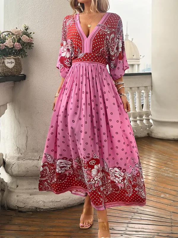 Bohemian Maxi Dress with Floral Paisley Print and V-Neck