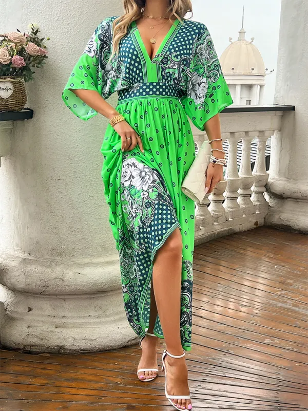Bohemian Maxi Dress with Floral Paisley Print and V-Neck