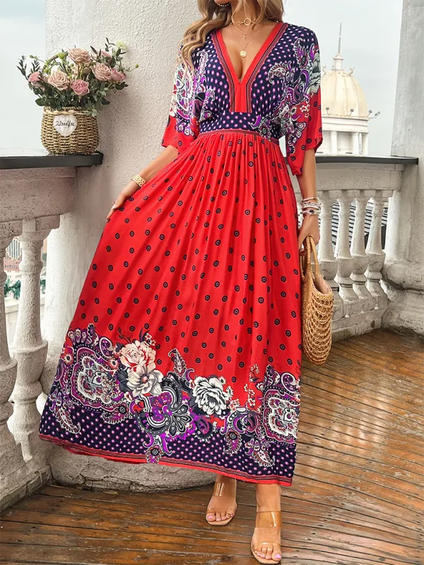 Bohemian Maxi Dress with Floral Paisley Print and V-Neck