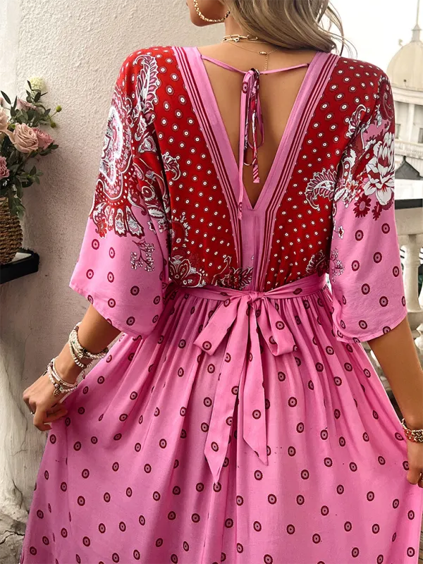 Bohemian Maxi Dress with Floral Paisley Print and V-Neck