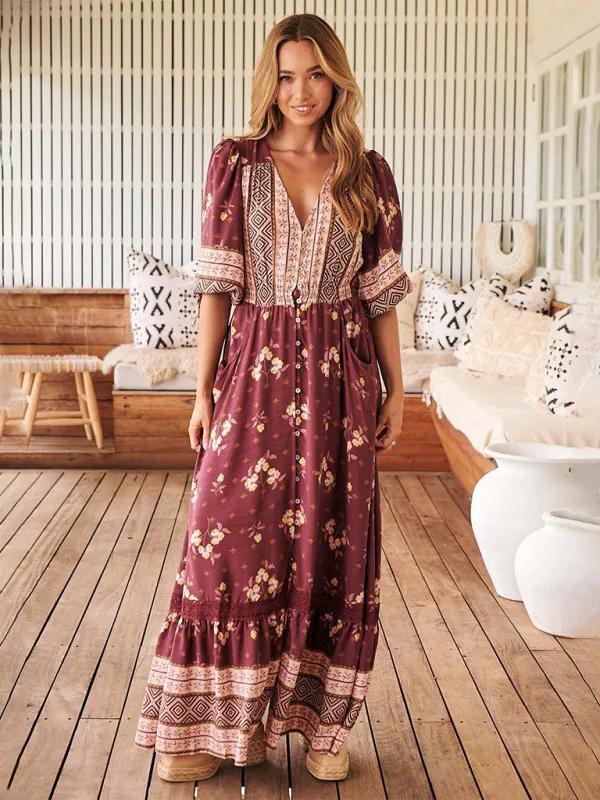 Bohemian Maxi Dress with Floral Print and Geometric Patterns