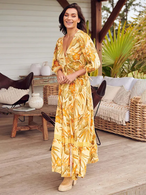 Bohemian Maxi Dress with Floral Print and Geometric Patterns