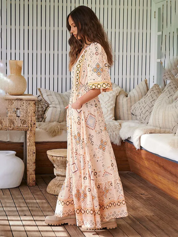 Bohemian Maxi Dress with Floral Print and Geometric Patterns
