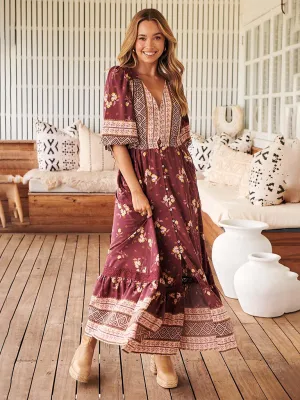 Bohemian Maxi Dress with Floral Print and Geometric Patterns