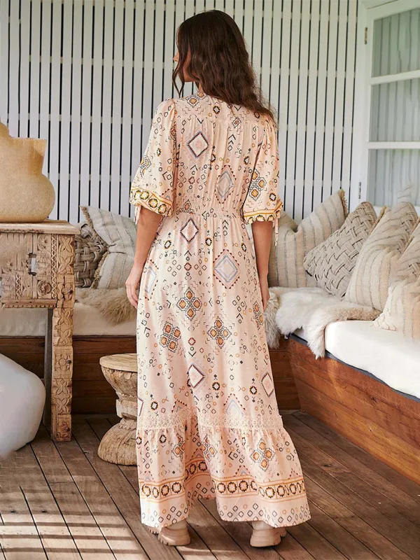 Bohemian Maxi Dress with Floral Print and Geometric Patterns