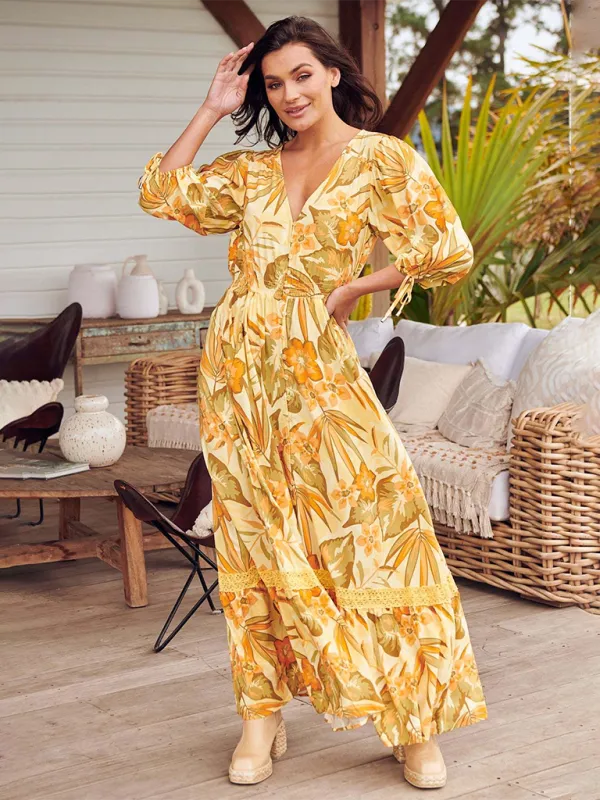 Bohemian Maxi Dress with Floral Print and Geometric Patterns