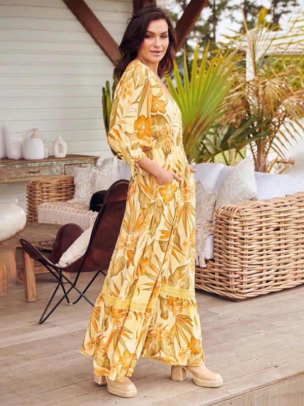 Bohemian Maxi Dress with Floral Print and Geometric Patterns