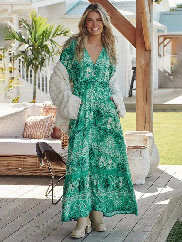 Bohemian Maxi Dress with Floral Print and Geometric Patterns