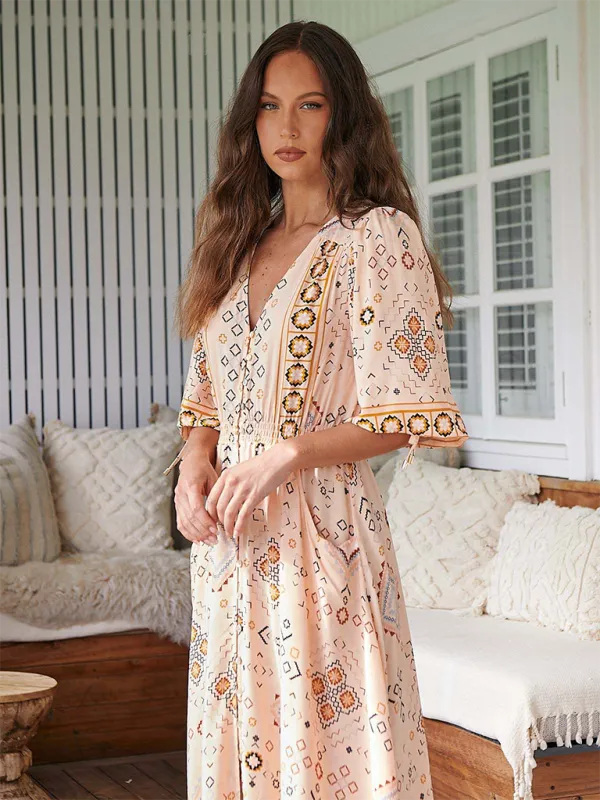 Bohemian Maxi Dress with Floral Print and Geometric Patterns
