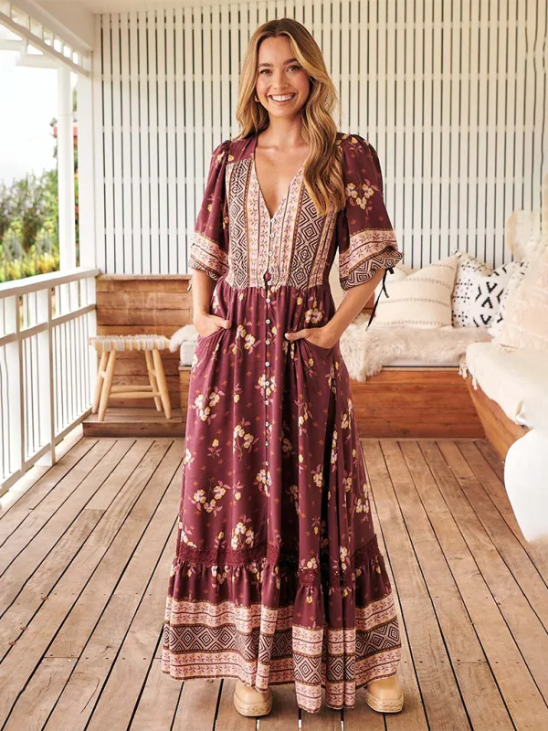 Bohemian Maxi Dress with Floral Print and Geometric Patterns