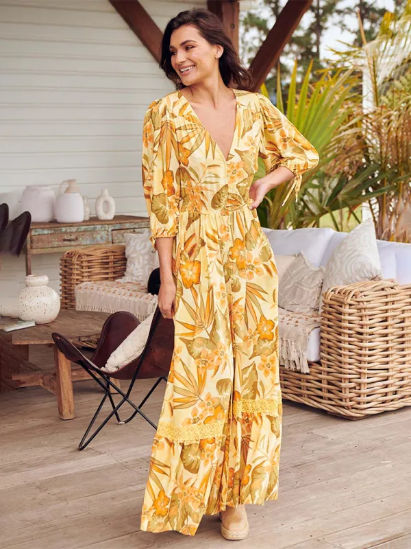 Bohemian Maxi Dress with Floral Print and Geometric Patterns