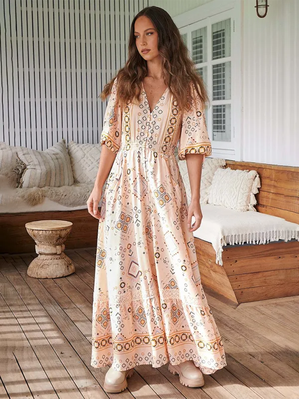 Bohemian Maxi Dress with Floral Print and Geometric Patterns
